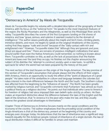 Essay on “Democracy in America” by Alexis De Tocqueville