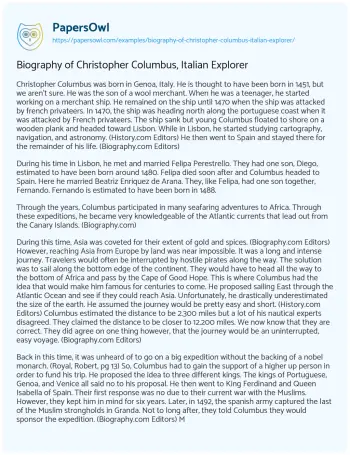 Essay on Biography of Christopher Columbus, Italian Explorer