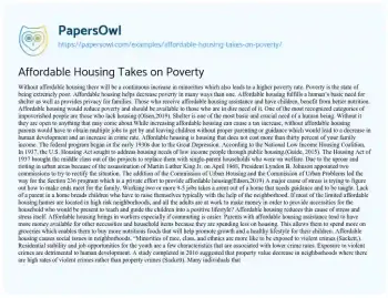 Essay on Affordable Housing Takes on Poverty