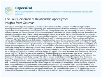 Essay on The Four Horsemen of Relationship Apocalypse: Insights from Gottman