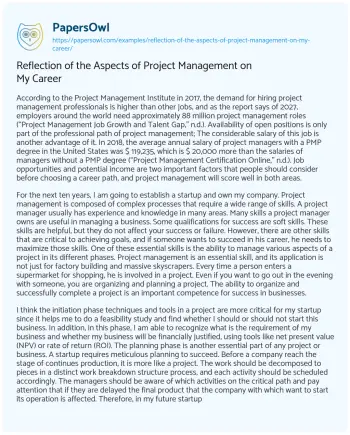 Essay on Reflection of the Aspects of Project Management on my Career