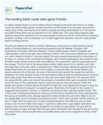 Essay on The Trending Battle Royale Video Game Fortnite