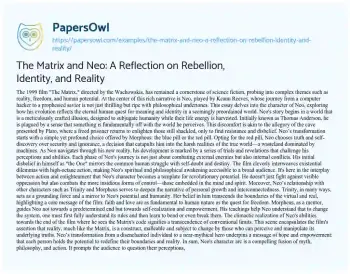 Essay on The Matrix and Neo: a Reflection on Rebellion, Identity, and Reality