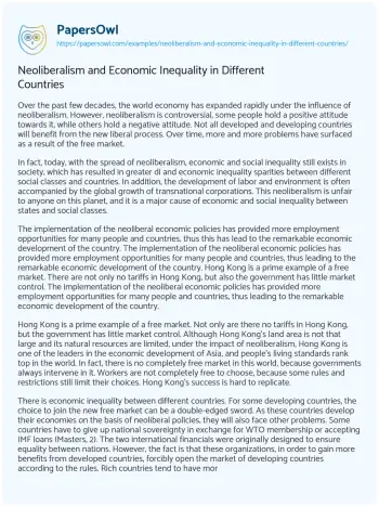 Essay on Neoliberalism and Economic Inequality in Different Countries