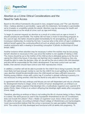 Essay on Abortion as a Crime: Ethical Considerations and the Need for Safe Access