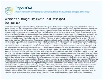 Essay on Women’s Suffrage: the Battle that Reshaped Democracy