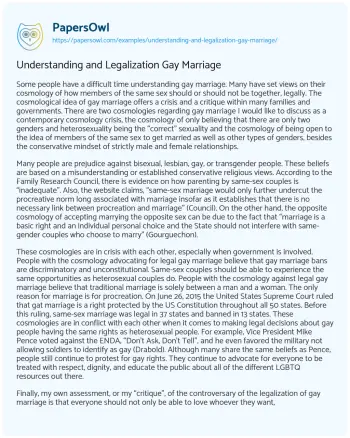 Essay on Understanding and Legalization Gay Marriage