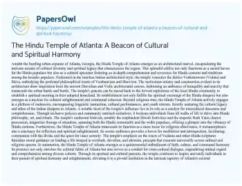 Essay on The Hindu Temple of Atlanta: a Beacon of Cultural and Spiritual Harmony