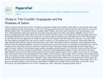 Essay on Tituba in ‘The Crucible’: Scapegoats and the Shadows of Salem