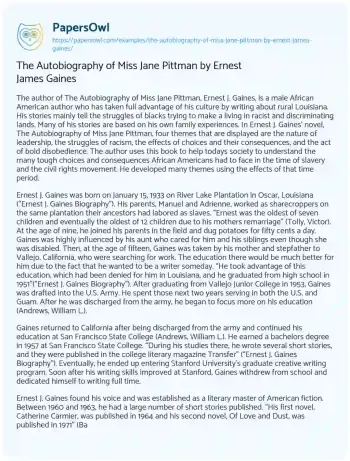 Essay on The Autobiography of Miss Jane Pittman by Ernest James Gaines