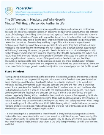 Essay on The Differences in Mindsets and why Growth Mindset Will Help a Person Go further in Life