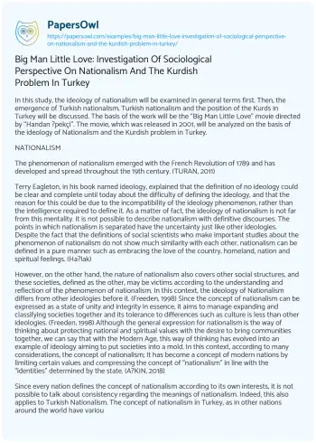 Essay on Big Man Little Love: Investigation of Sociological Perspective on Nationalism and the Kurdish Problem in Turkey