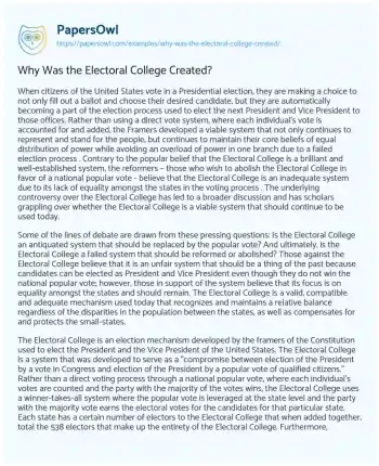 Essay on Why was the Electoral College Created?