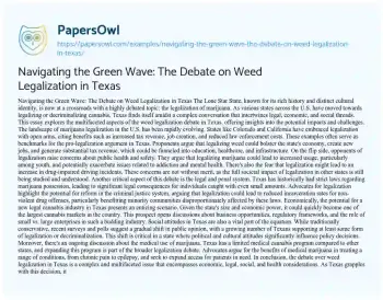 Essay on Navigating the Green Wave: the Debate on Weed Legalization in Texas