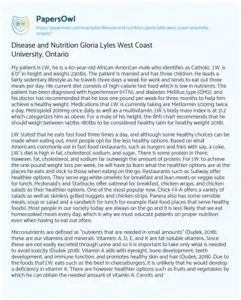 Essay on Disease and Nutrition Gloria Lyles West Coast University, Ontario