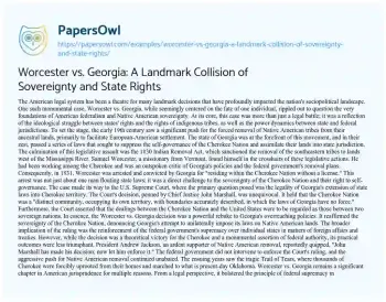 Essay on Worcester Vs. Georgia: a Landmark Collision of Sovereignty and State Rights