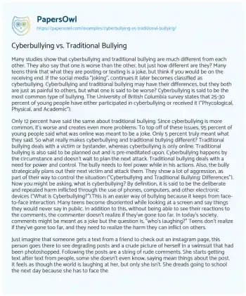 Essay on Cyberbullying Vs. Traditional Bullying