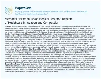 Essay on Memorial Hermann Texas Medical Center: a Beacon of Healthcare Innovation and Compassion