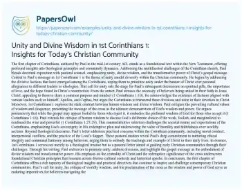 Essay on Unity and Divine Wisdom in 1st Corinthians 1: Insights for Today’s Christian Community