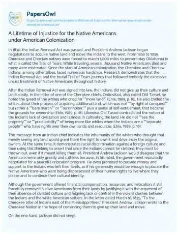 Essay on A Lifetime of Injustice for the Native Americans under American Colonization