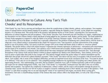 Essay on Literature’s Mirror to Culture: Amy Tan’s ‘Fish Cheeks’ and its Resonance