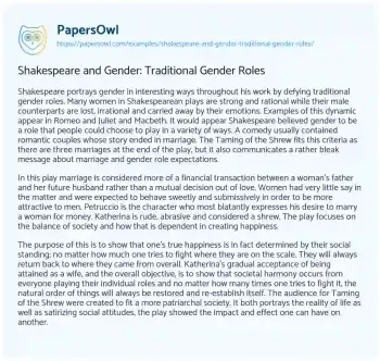 Essay on Shakespeare and Gender: Traditional Gender Roles