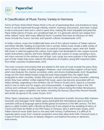 Essay on A Classification of Music Forms: Variety in Harmony