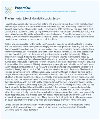 Essay on The Immortal Life of Henrietta Lacks Essay