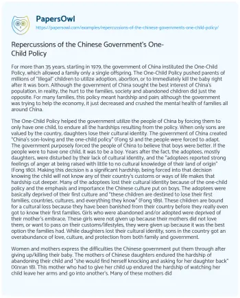 Essay on Repercussions of the Chinese Government’s One-Child Policy