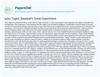 Essay on Jules Tygiel, Baseball’s Great Experiment