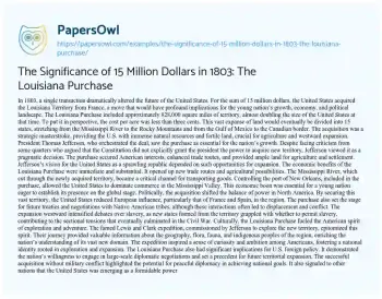 Essay on The Significance of 15 Million Dollars in 1803: the Louisiana Purchase