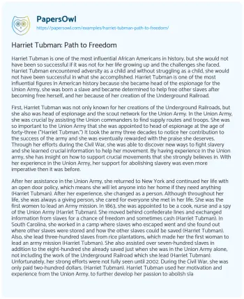 Essay on Harriet Tubman: Path to Freedom