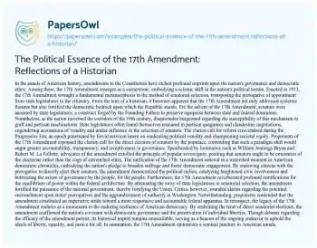 Essay on The Political Essence of the 17th Amendment: Reflections of a Historian