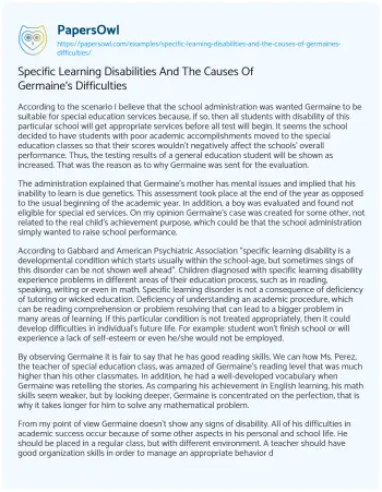 Essay on Specific Learning Disabilities and the Causes of Germaine’s Difficulties