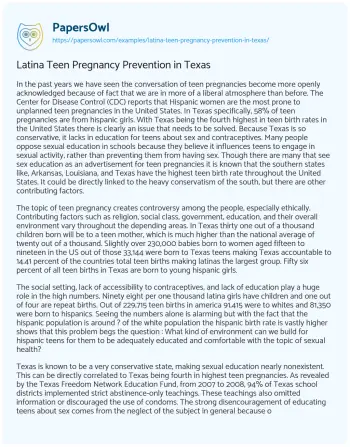 Essay on Latina Teen Pregnancy Prevention in Texas