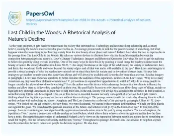 Essay on Last Child in the Woods: a Rhetorical Analysis of Nature’s Decline