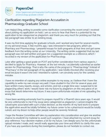 Essay on Clarification Regarding Plagiarism Accusation in Pharmacology Graduate School