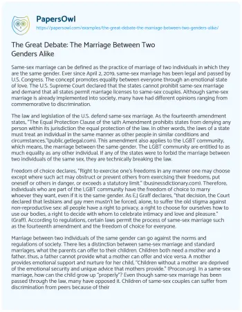 Essay on The Great Debate: the Marriage between Two Genders Alike