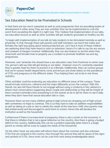 Essay on Sex Education Need to be Promoted in Schools