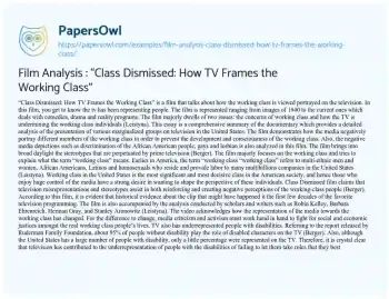 Essay on Film Analysis : “Class Dismissed: how TV Frames the Working Class”