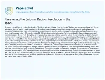 Essay on Unraveling the Enigma: Radio’s Revolution in the 1920s