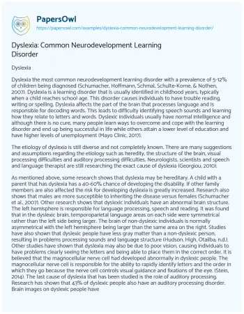 Essay on Dyslexia: Common Neurodevelopment Learning Disorder