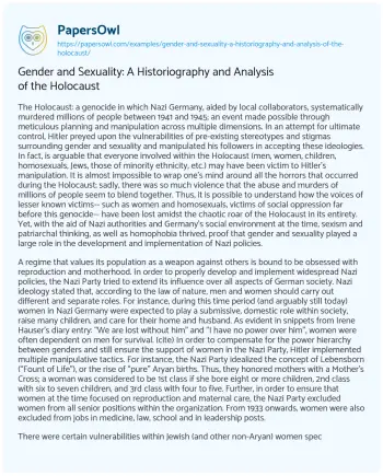 Essay on Gender and Sexuality: a Historiography and Analysis of the Holocaust