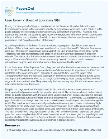 Essay on Case: Brown V. Board of Education, 1954