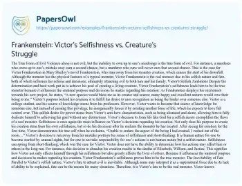 Essay on Frankenstein: Victor’s Selfishness Vs. Creature’s Struggle