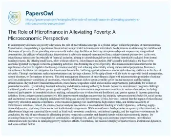 Essay on The Role of Microfinance in Alleviating Poverty: a Microeconomic Perspective