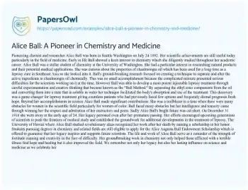 Essay on Alice Ball: a Pioneer in Chemistry and Medicine