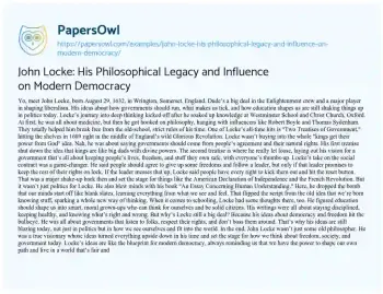 Essay on John Locke: his Philosophical Legacy and Influence on Modern Democracy