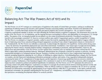 Essay on Balancing Act: the War Powers Act of 1973 and its Impact