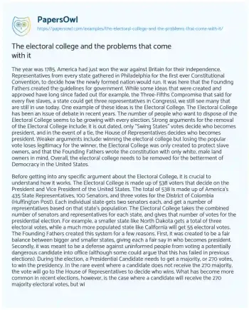 Essay on The Electoral College and the Problems that Come with it